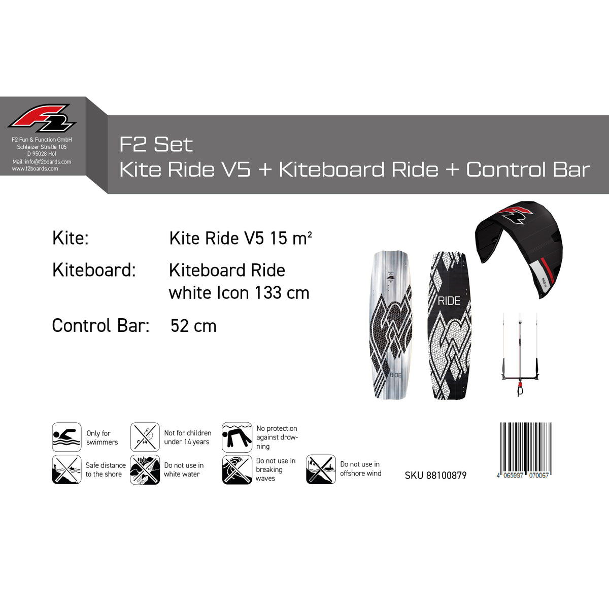 F2 Set Kite Ride V5 with Kiteboard Ride White Icon and Control Bar Complete Set, Sizes Selectable