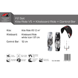 F2 Set Kite Ride V5 with Kiteboard Ride White Icon and Control Bar Complete Set, Sizes Selectable