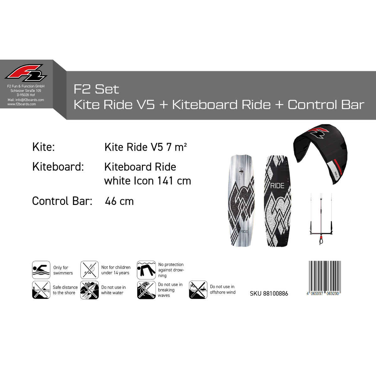 F2 Set Kite Ride V5 with Kiteboard Ride White Icon and Control Bar Complete Set, Sizes Selectable