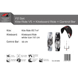 F2 Set Kite Ride V5 with Kiteboard Ride White Icon and Control Bar Complete Set, Sizes Selectable