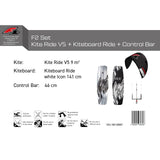 F2 Set Kite Ride V5 with Kiteboard Ride White Icon and Control Bar Complete Set, Sizes Selectable