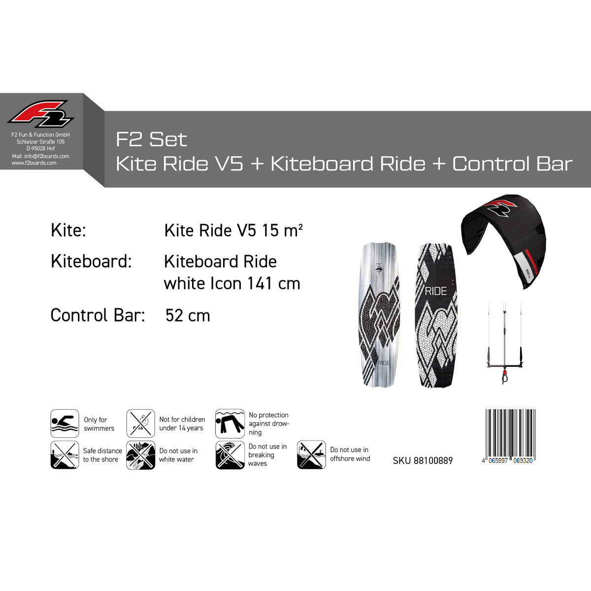 F2 Set Kite Ride V5 with Kiteboard Ride White Icon and Control Bar Complete Set, Sizes Selectable