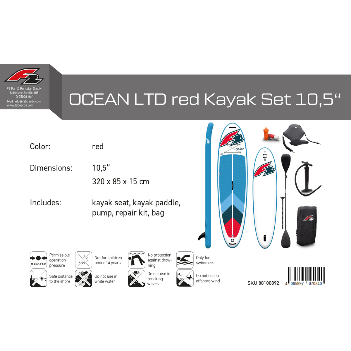 F2 Branded Stand Up Paddle Board Ocean LTD Red - sizes and accessories selectable