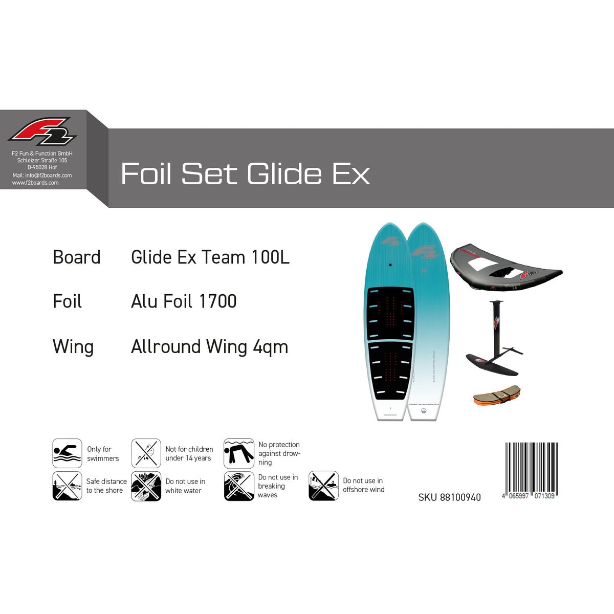 F2 Set Foilboard Glide Ex 100L with Alloy Foil 1700 + Allround Wing 4sqm