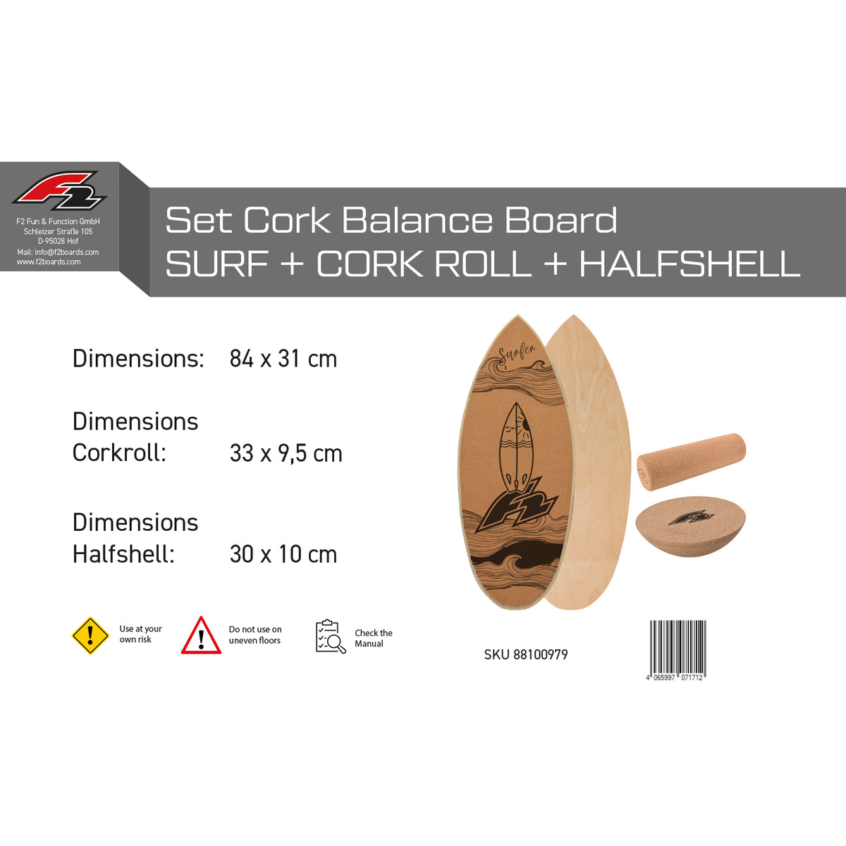 F2 Cork Balance Board Surf 84x31cm with cork roller + cork half-ball