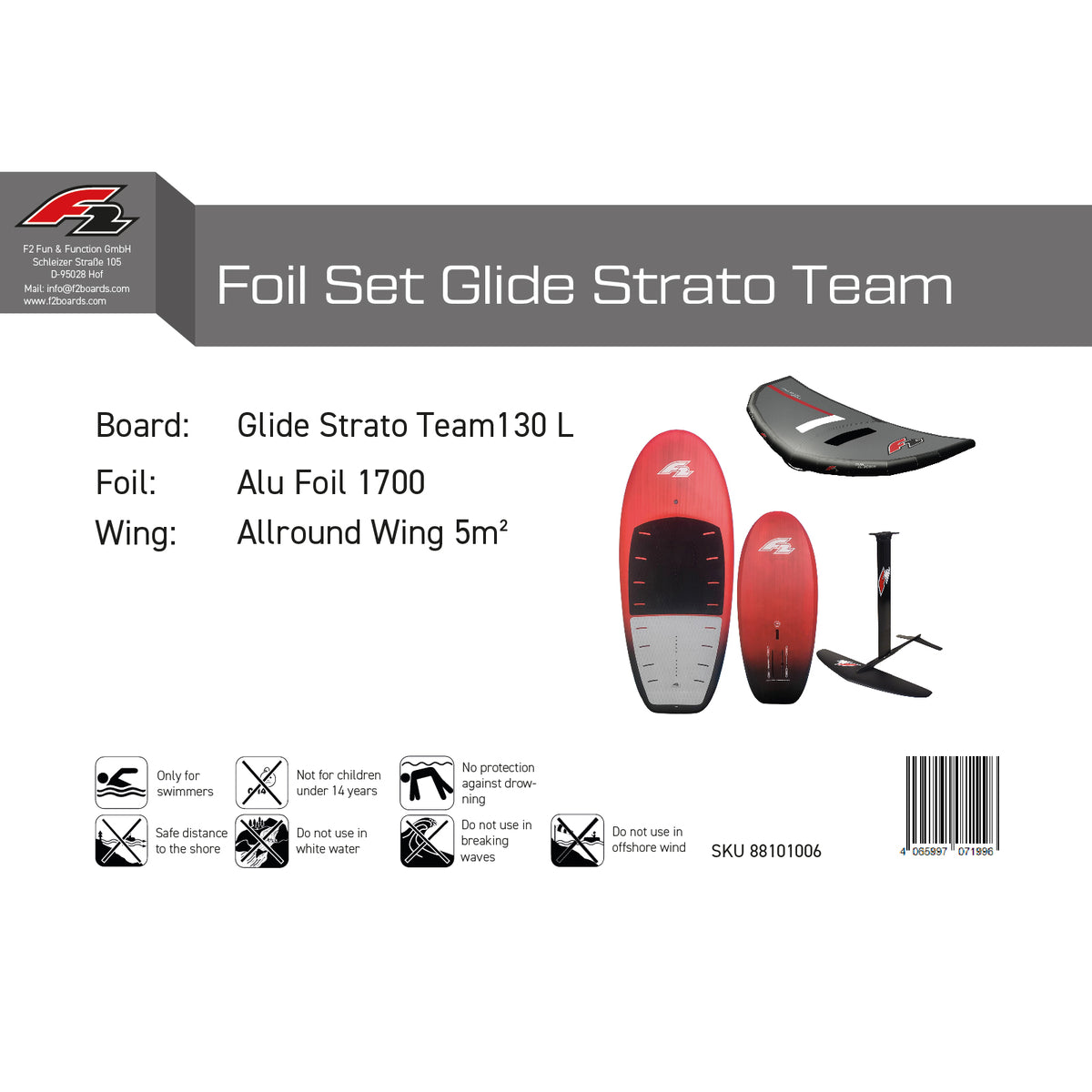F2 Set Foilboard Glide Strato Team + Alu Limited Foil + Allround Wing Complete Set Sizes selectable