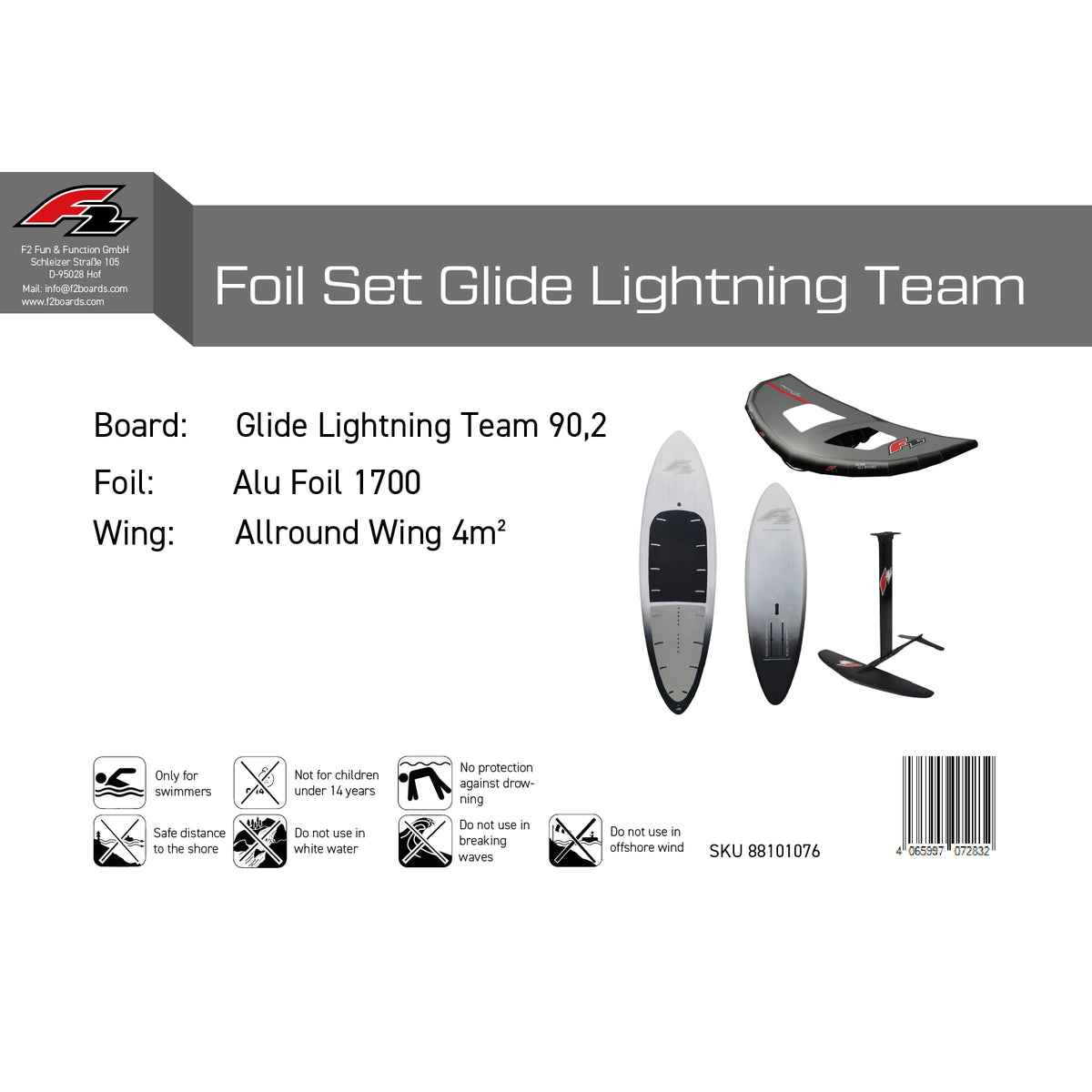 F2 Set Foilboard Lightning White 90.2L + Alu Foil 1700 + Wing 4sqm