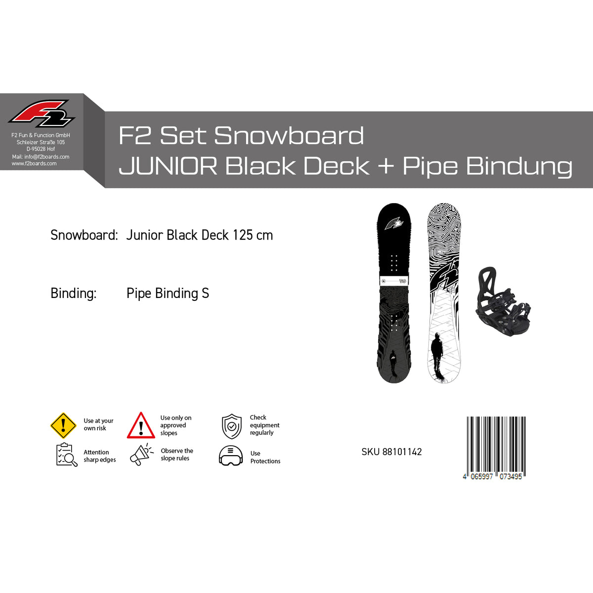 F2 Set Snowboard Junior Black Deck + Pipe Binding sizes selectable