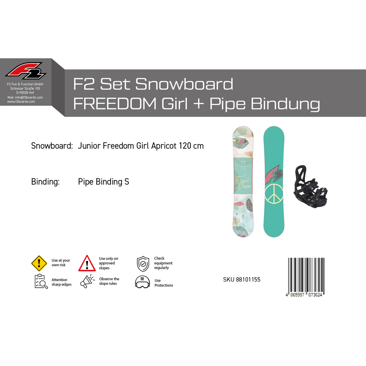 F2 Set Snowboard Junior Freedom Girl mit Pipe Bindung Komplettset Größen wählbar