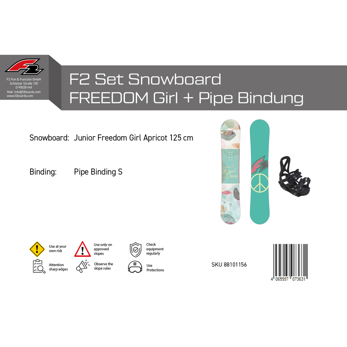 F2 Set Snowboard Junior Freedom Girl mit Pipe Bindung Komplettset Größen wählbar