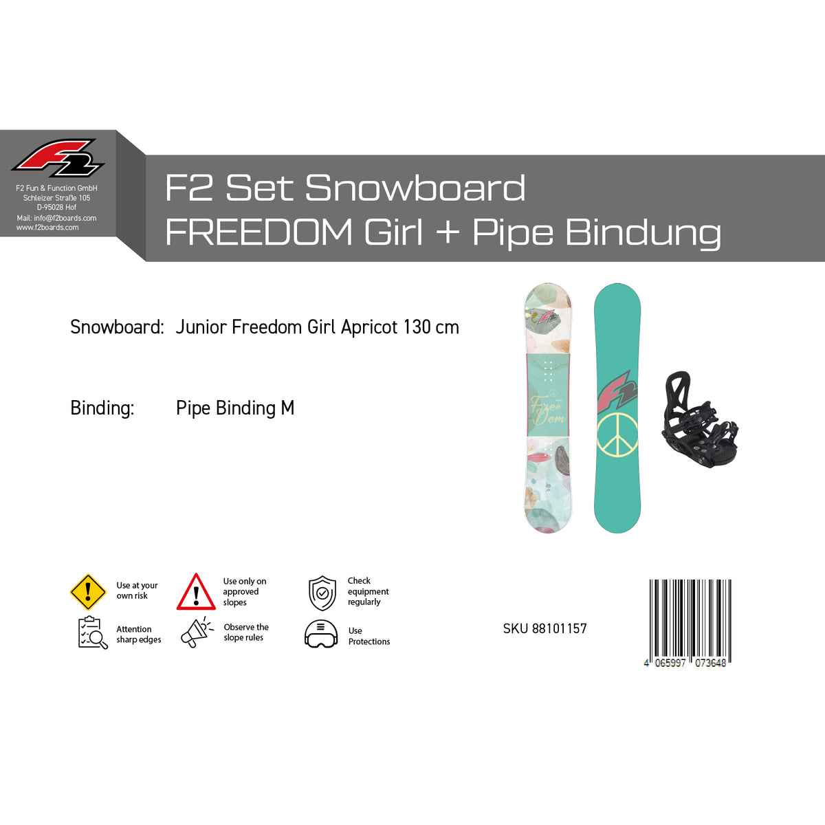 F2 Set Snowboard Junior Freedom Girl mit Pipe Bindung Komplettset Größen wählbar