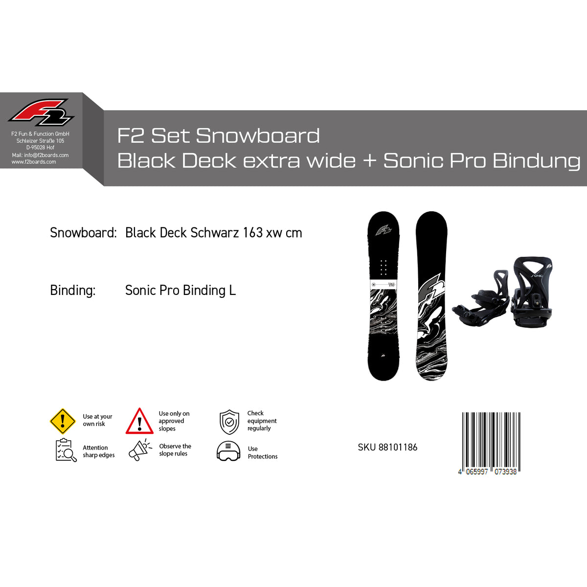 F2 Set Snowboard Blackdeck Schwarz + Sonic Pro Bindung - Komplettset Größen wählbar