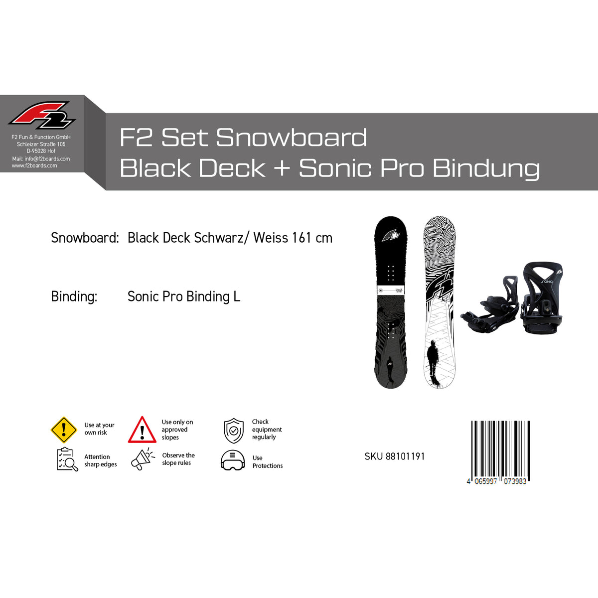 F2 Set Snowboard Blackdeck Schwarz/Weiss 161cm + Sonic Pro Bindung L