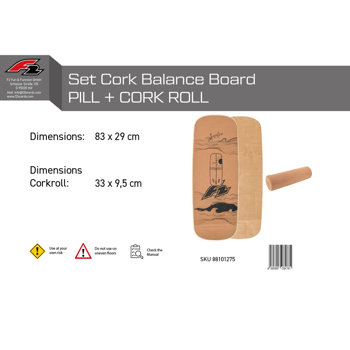F2 Set Cork Balance Board Pill Flat Shape 80x30cm + Cork Roller