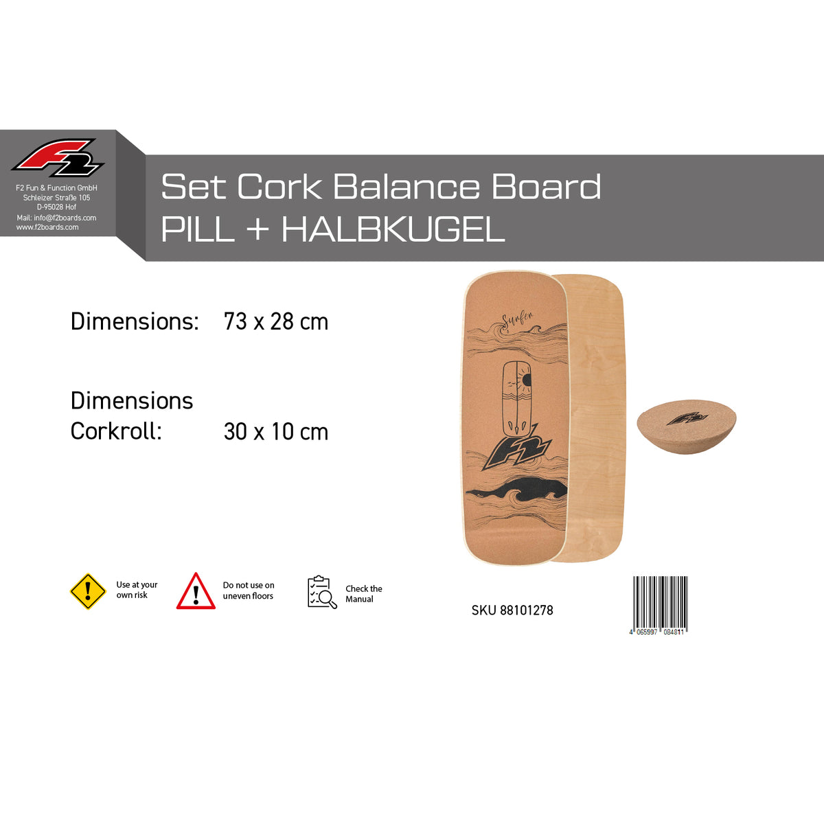 F2 Set Kork Balance Board Pill Flat Shape 73x28cm + Halbkugel