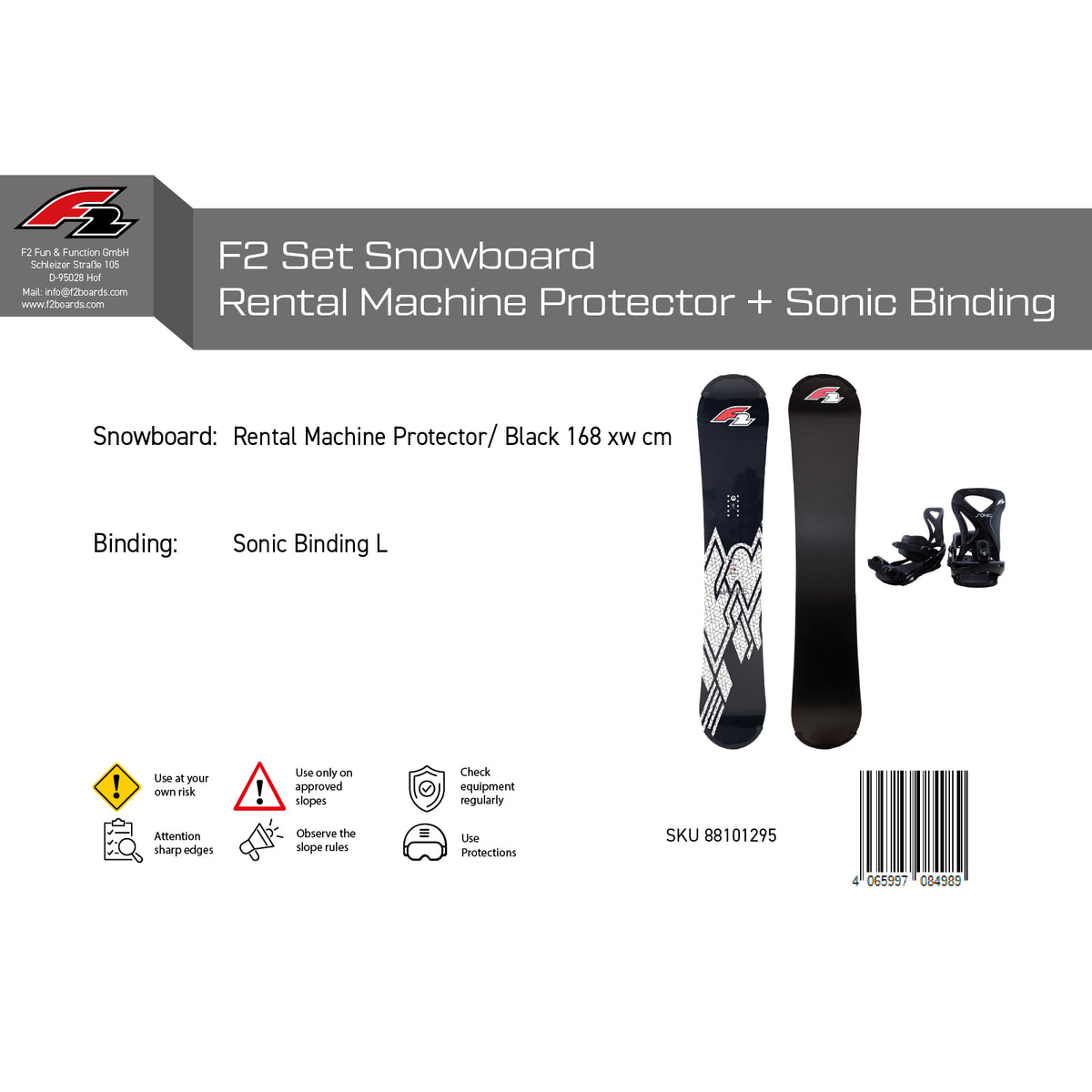 F2 Set Snowboard Rental Machine mit Protector + Bindung Komplettset Größen wählbar
