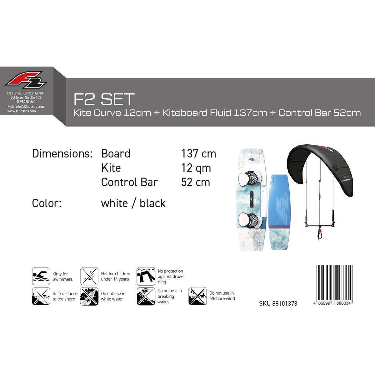 F2 Damen Set Kite Curve 12qm + Kiteboard Fluid 137cm + Control Bar 52cm