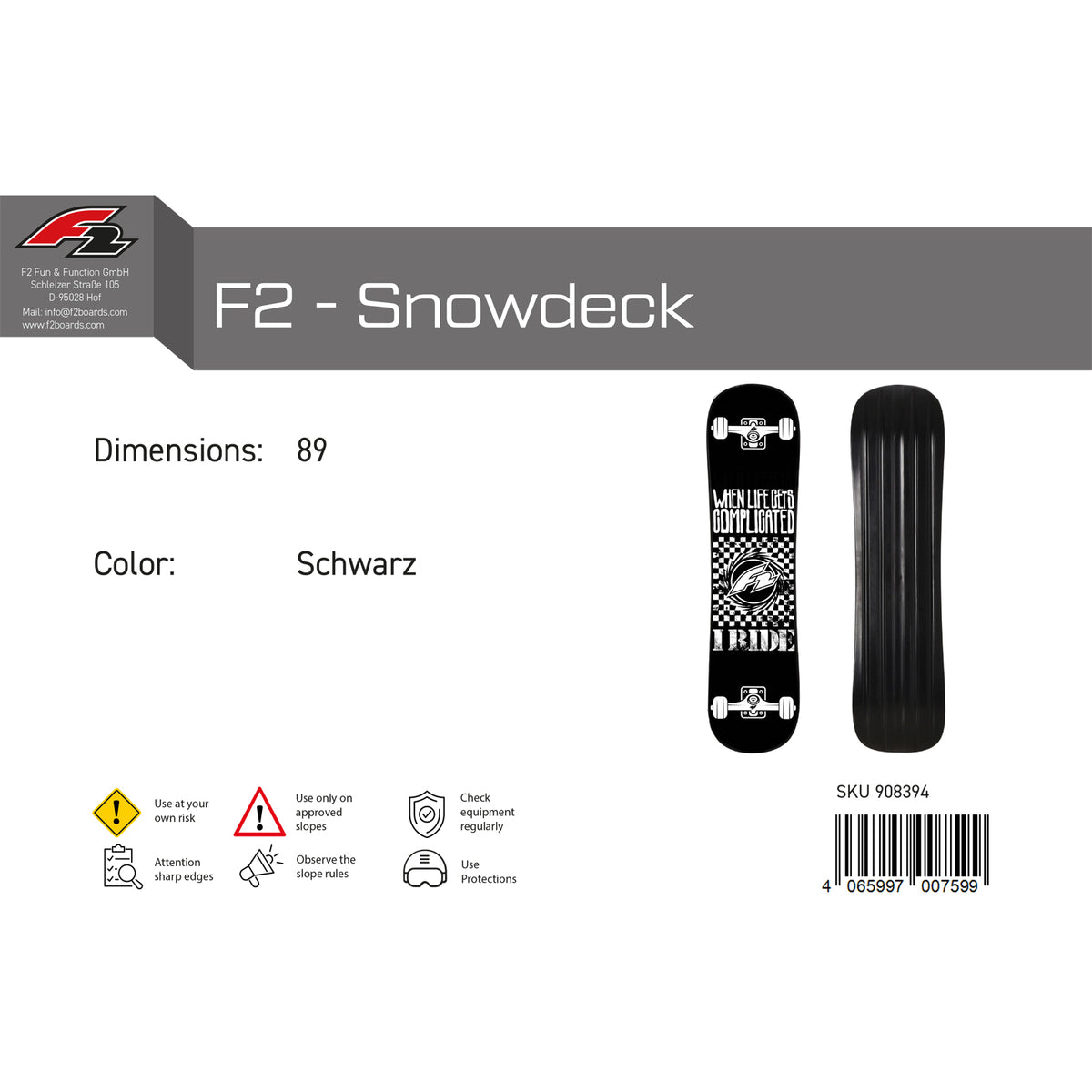 F2 Snowboard Snowdeck Snow Skateboard 89cm Black 2024/25