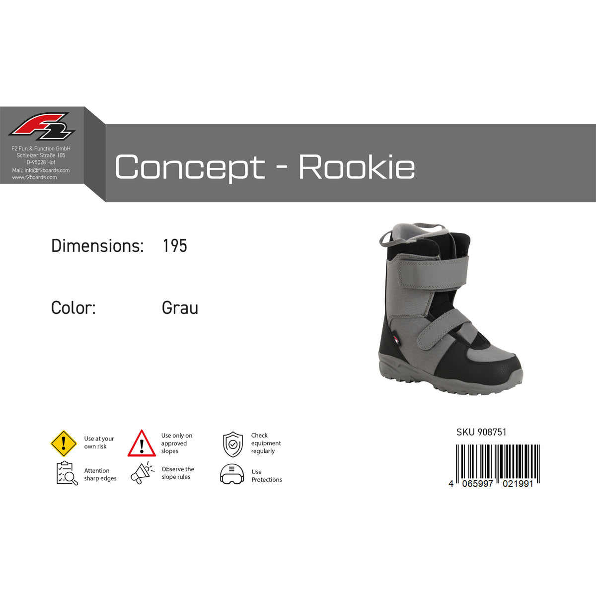 F2 Junior Snowboard Boots Concept - Rookie Size 31-37.5 selectable size grey