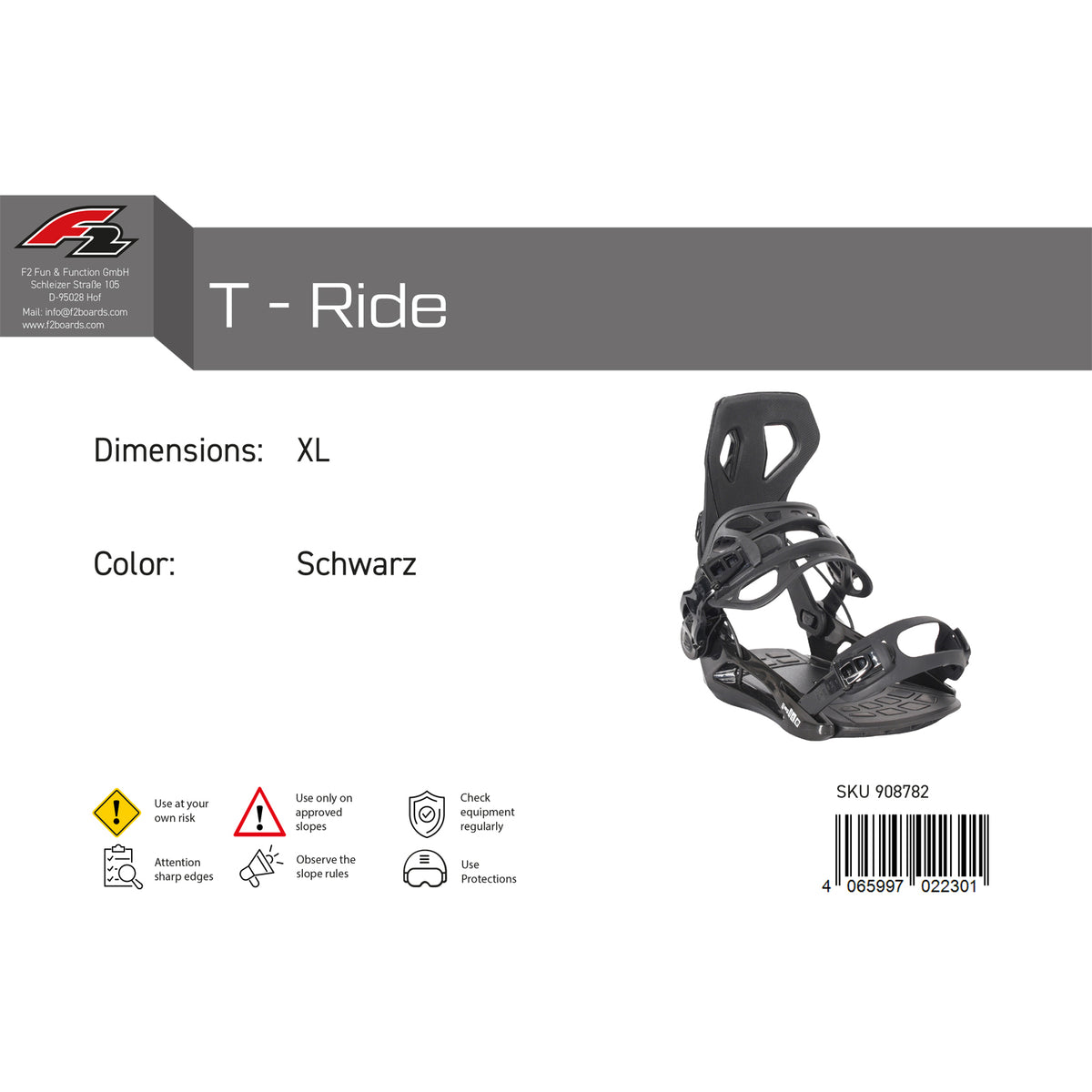F2 Men's Snowboard Soft Binding T-Ride M-XL Size Selectable Black