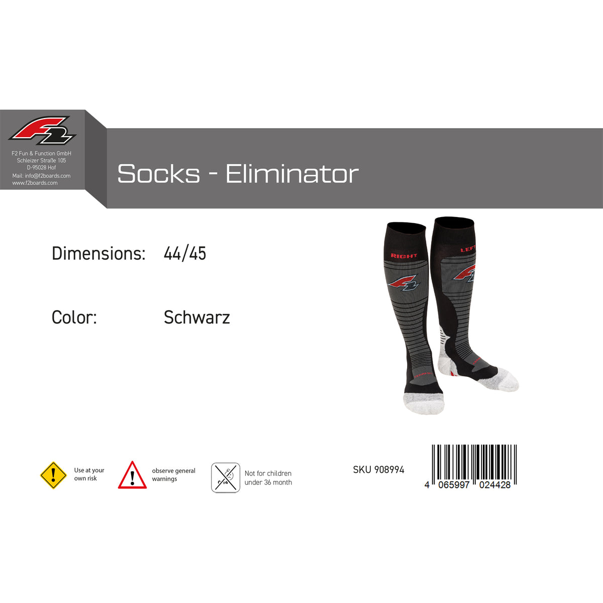 F2 Snowboard Socks - Eliminator 34-47 size selectable black