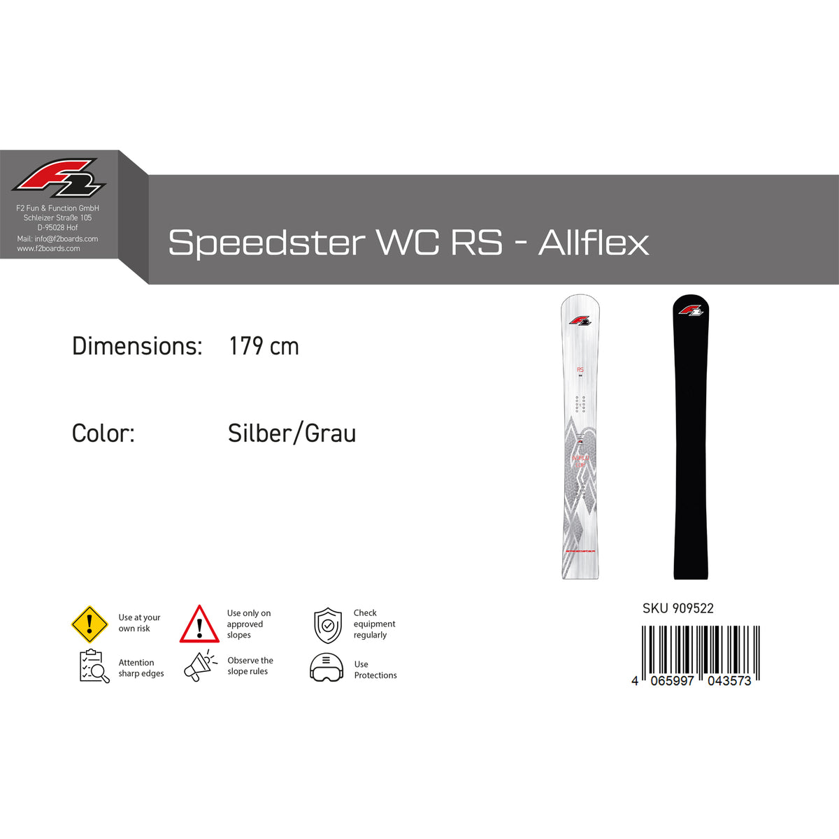 F2 Snowboard Speedster WC RS - Allflex Race Größe wählbar Silber/Grau 2024/25