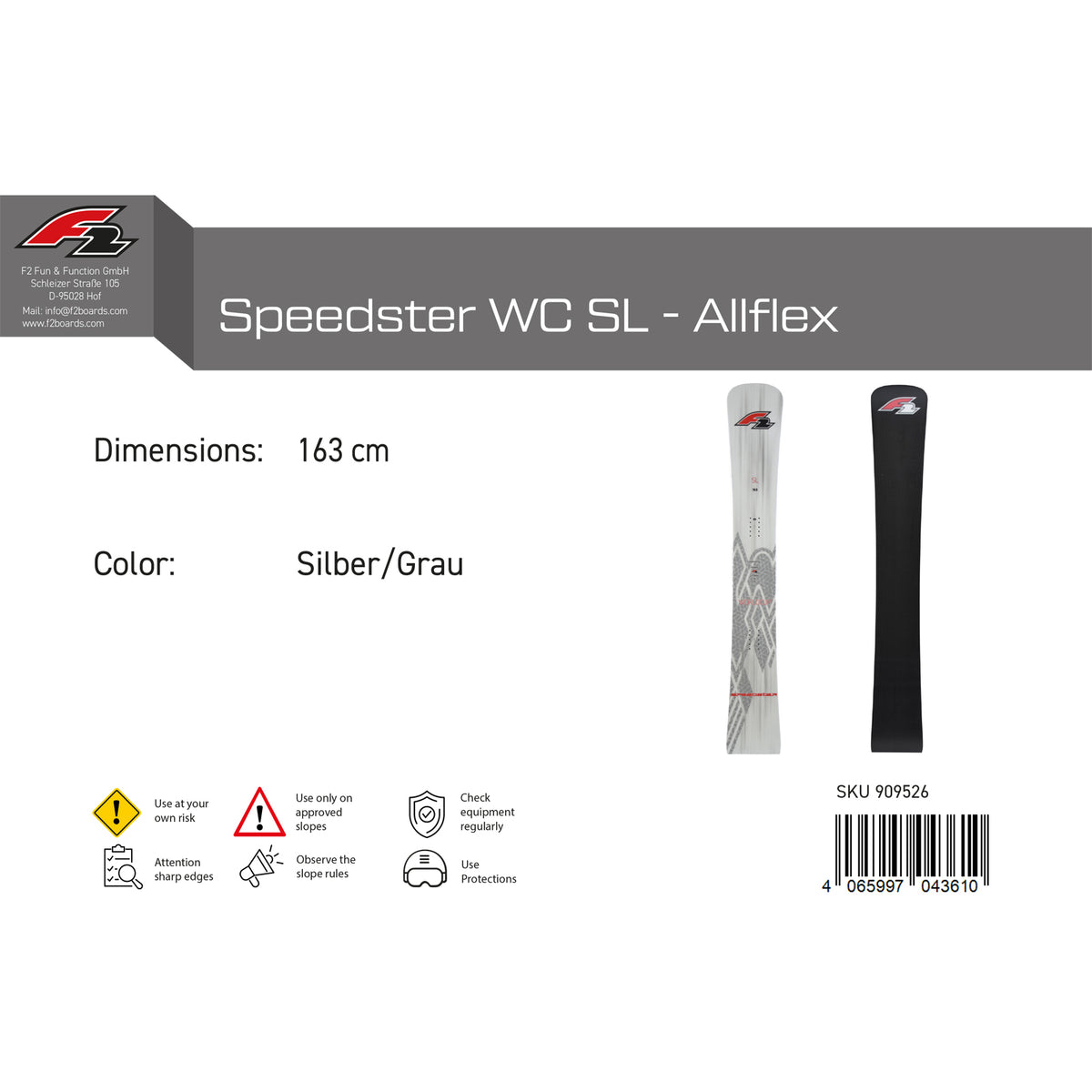 F2 Snowboard Speedster WC SL - Allflex Race size selectable Silver/Grey 2024/25