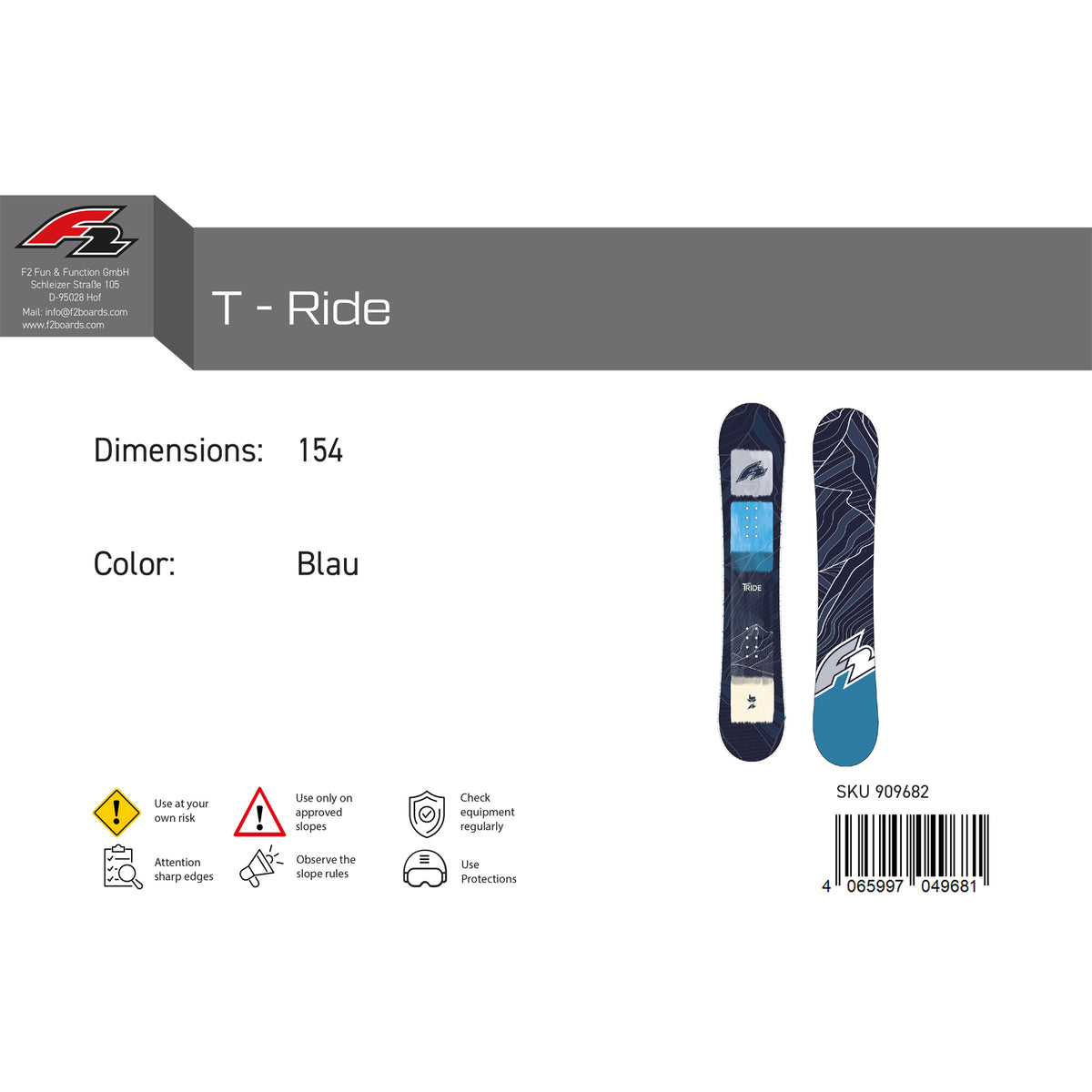 F2 Men's Snowboard T-Ride Freestyle size selectable Navy 2024/25