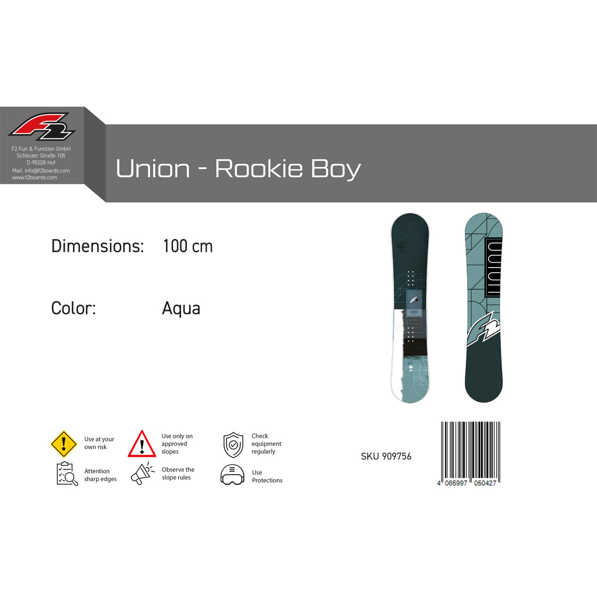 F2 Junior Snowboard Union Rookie Boy Freeride/Freestyle Größe wählbar Aqua 2025