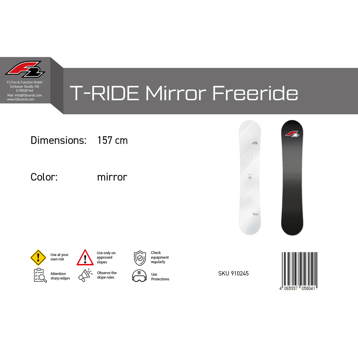 F2 Snowboard T-Ride Mirror Freeride/Freestyle White - Size selectable