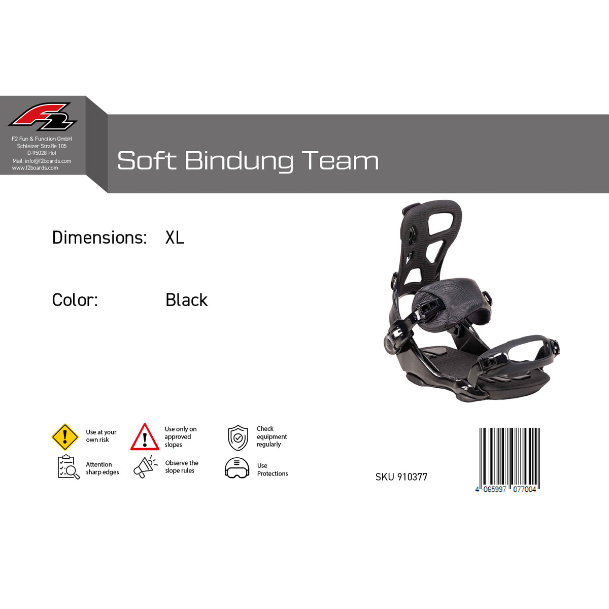 F2 Herren Snowboard Soft Bindung Team M-XL Größe wählbar Schwarz