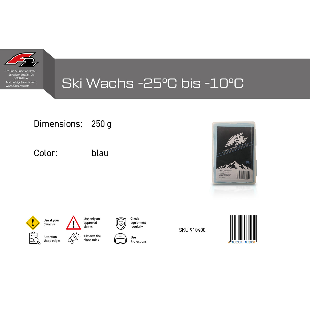 F2 Snowboard Accessories Snowboard Ski Wax 250g – Wax type selectable