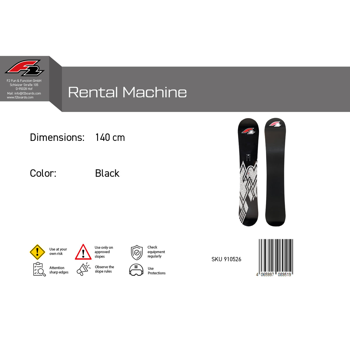 F2 Snowboard Rental Machine Black - Size selectable