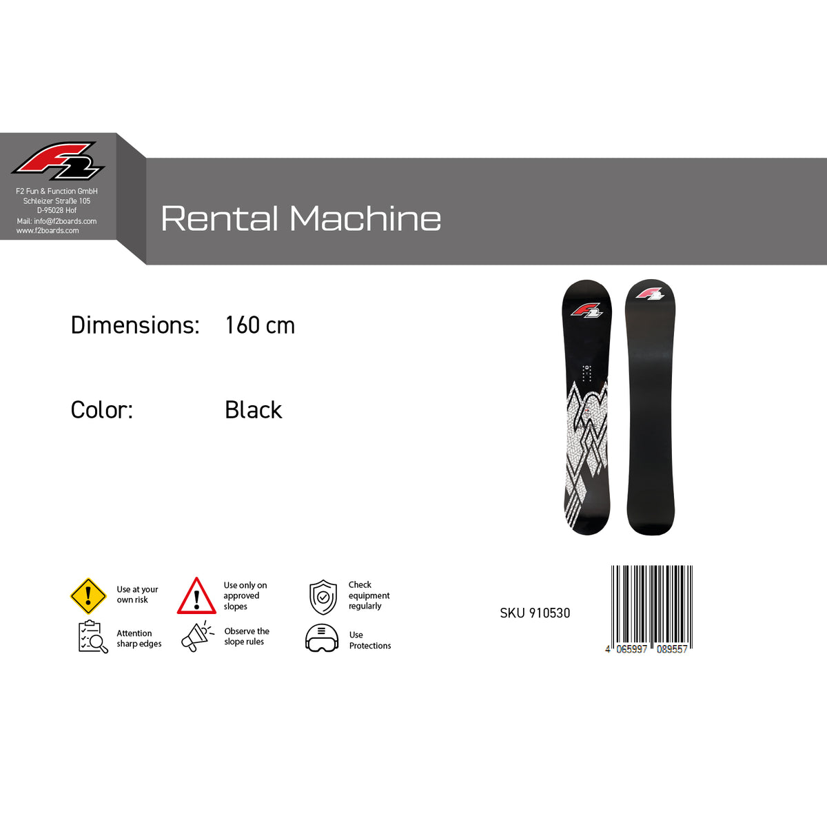 F2 Snowboard Rental Machine Black - Size selectable