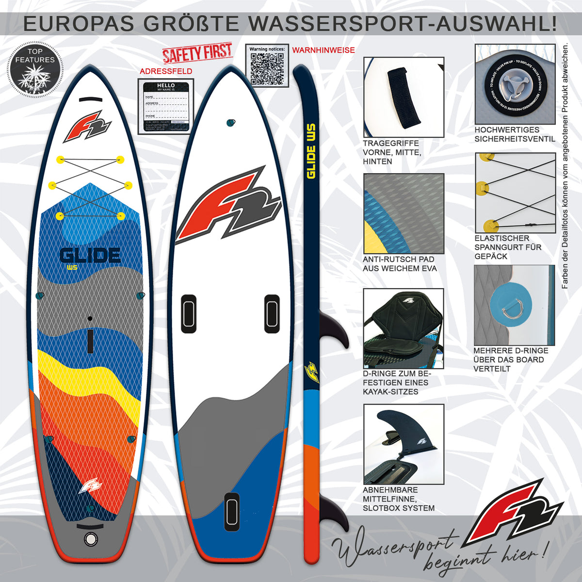F2 SUP Stand Up Paddle Board Glide WS 10'2''/10'8"/11'7" selectable Grey