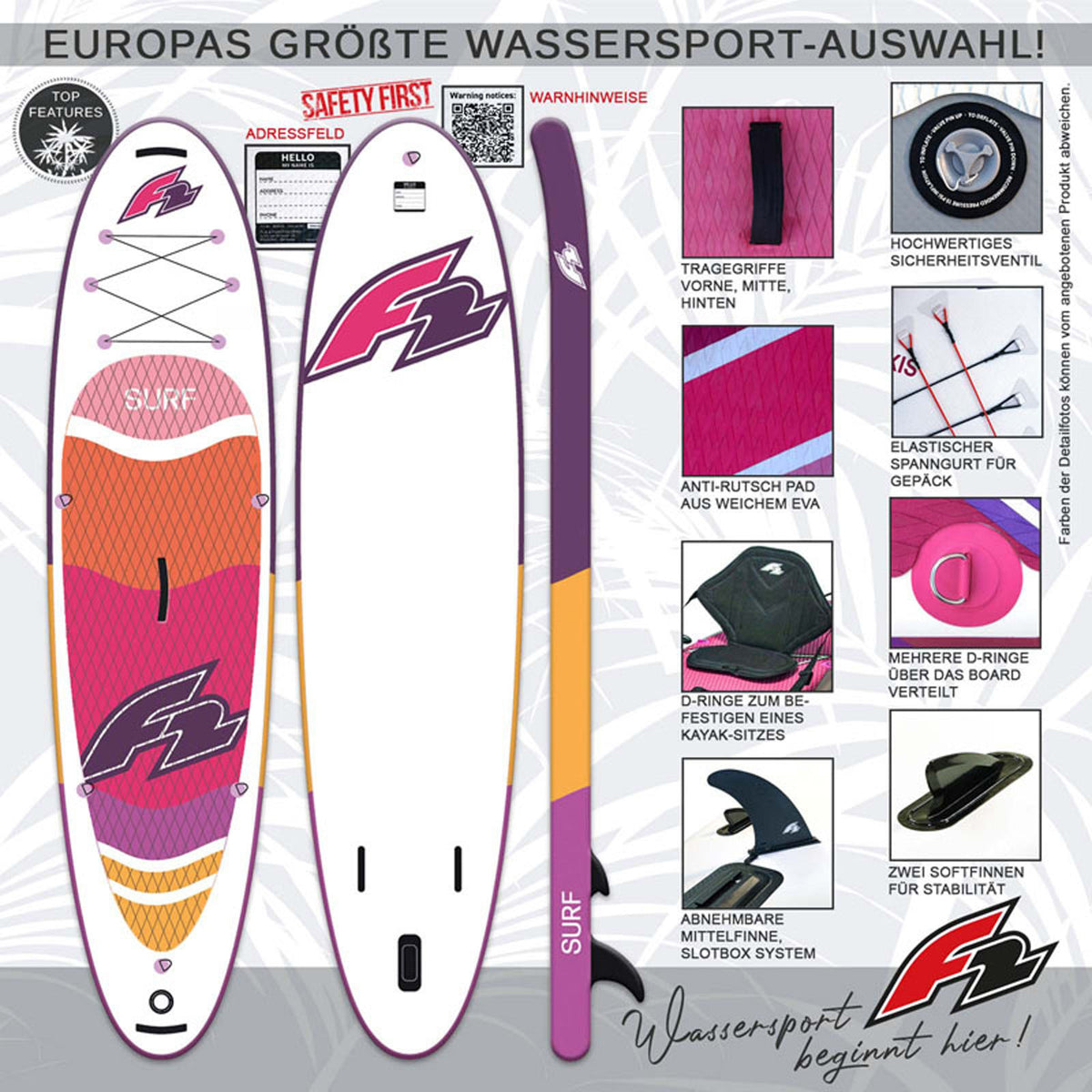 F2 Stand Up Paddle Board Surf SUP Women's 10'2"/10'6" Purple Size selectable