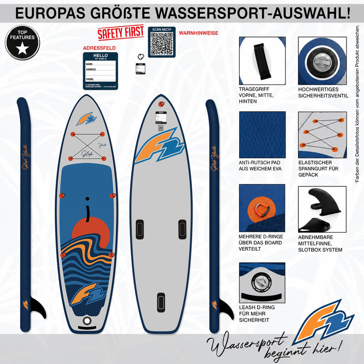 F2 SUP Stand Up Paddle Board Glide Surf Youth Grey - Size selectable