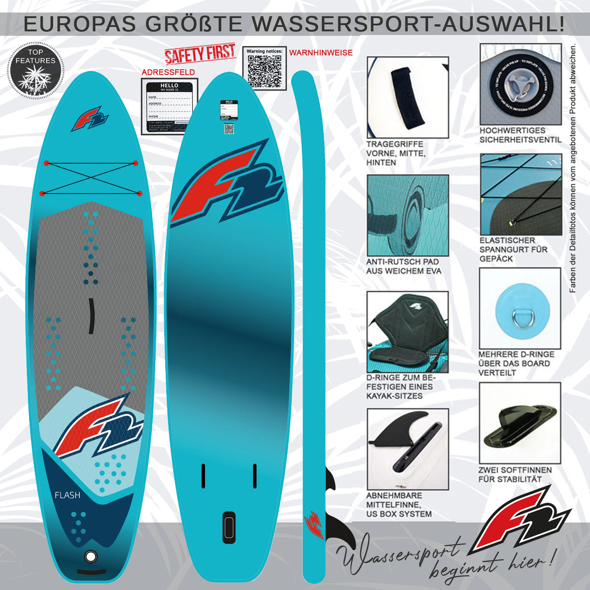 F2 Stand Up Paddle Board Flash Light SUP Blue - Size selectable