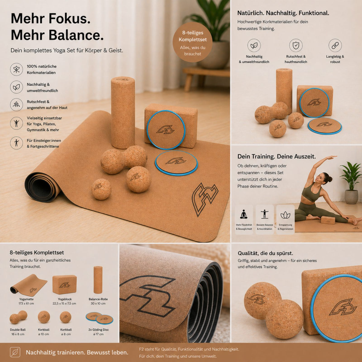 F2 The Ultimate - Yoga Set 8-piece, many accessories such as yoga mat, cork balls and much more.