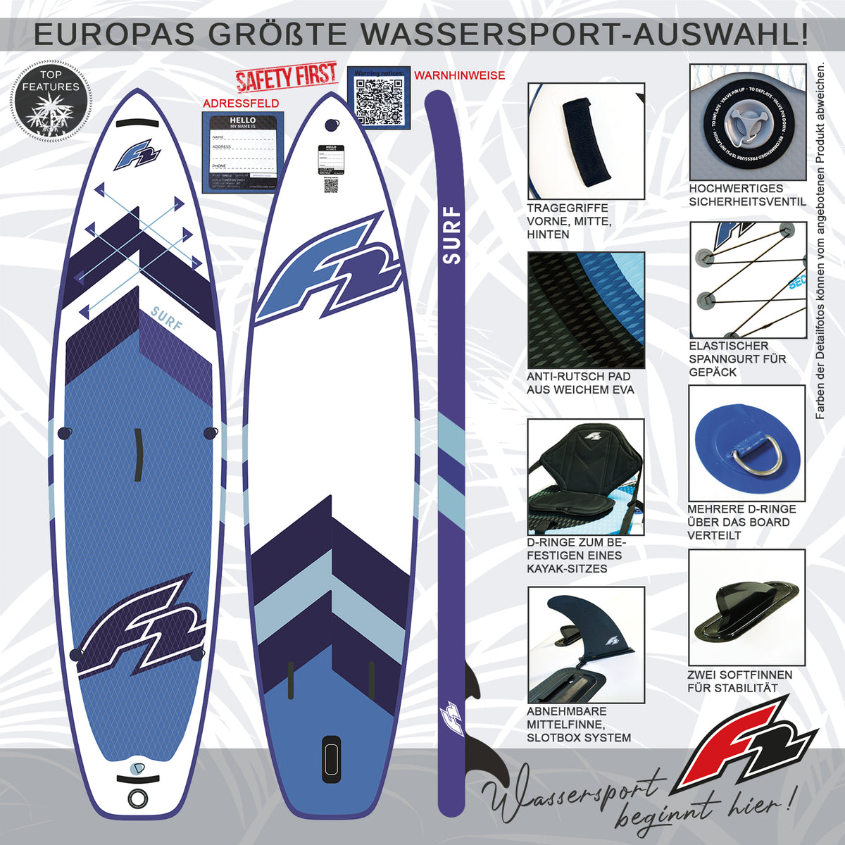 F2 SUP Stand Up Paddle Board Surf HFT White/Blue - Size selectable