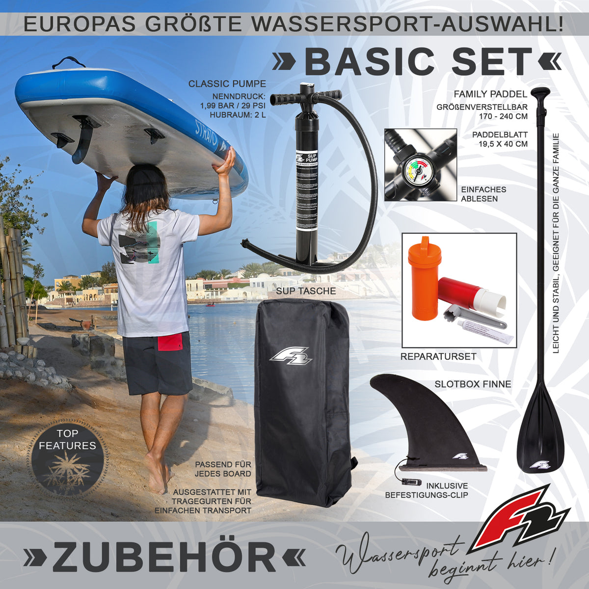 F2 SUP Stand Up Paddle Board Surf HFT White/Blue - Size selectable
