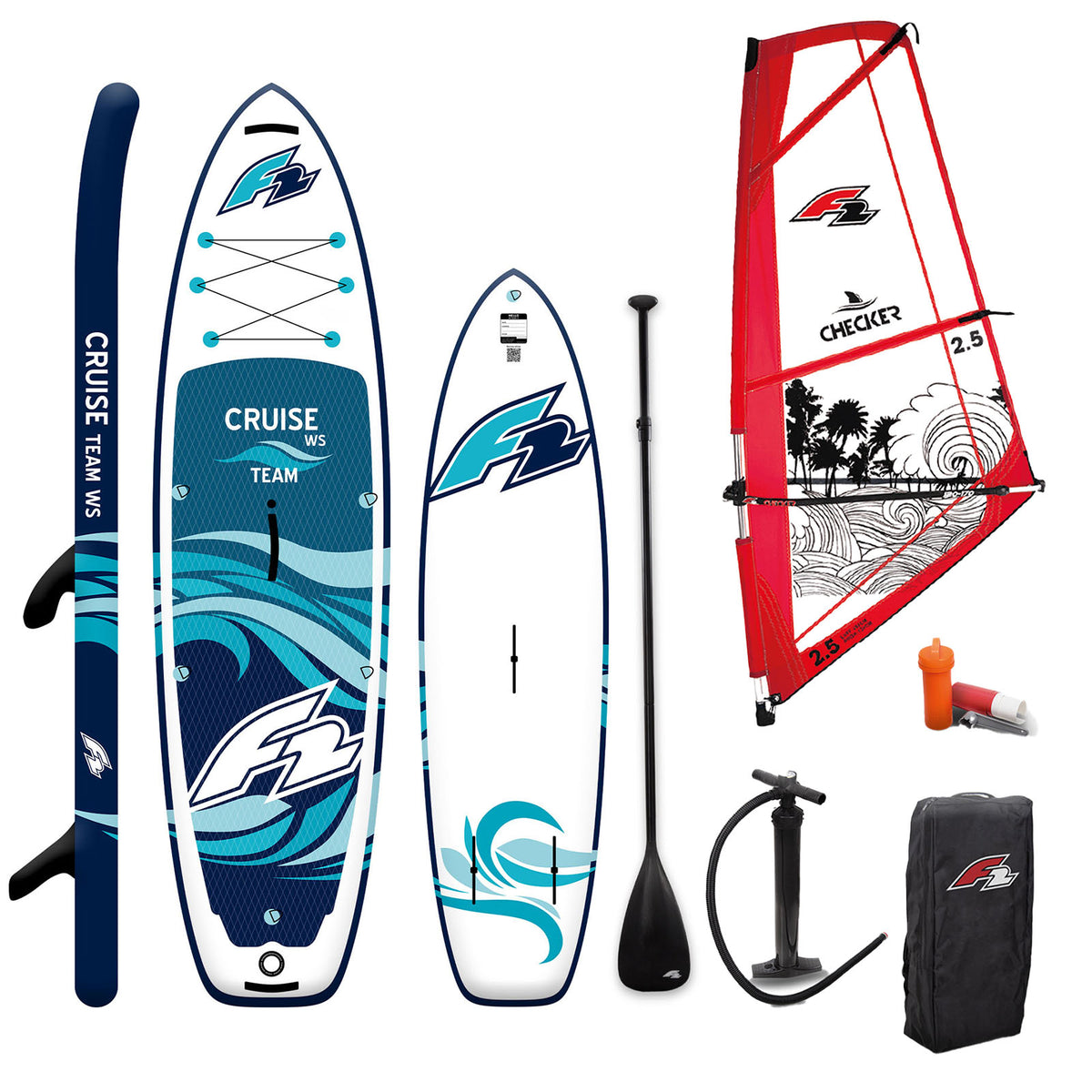 F2 Set Cruise Team SUP with Checker windsurf sail, sizes selectable
