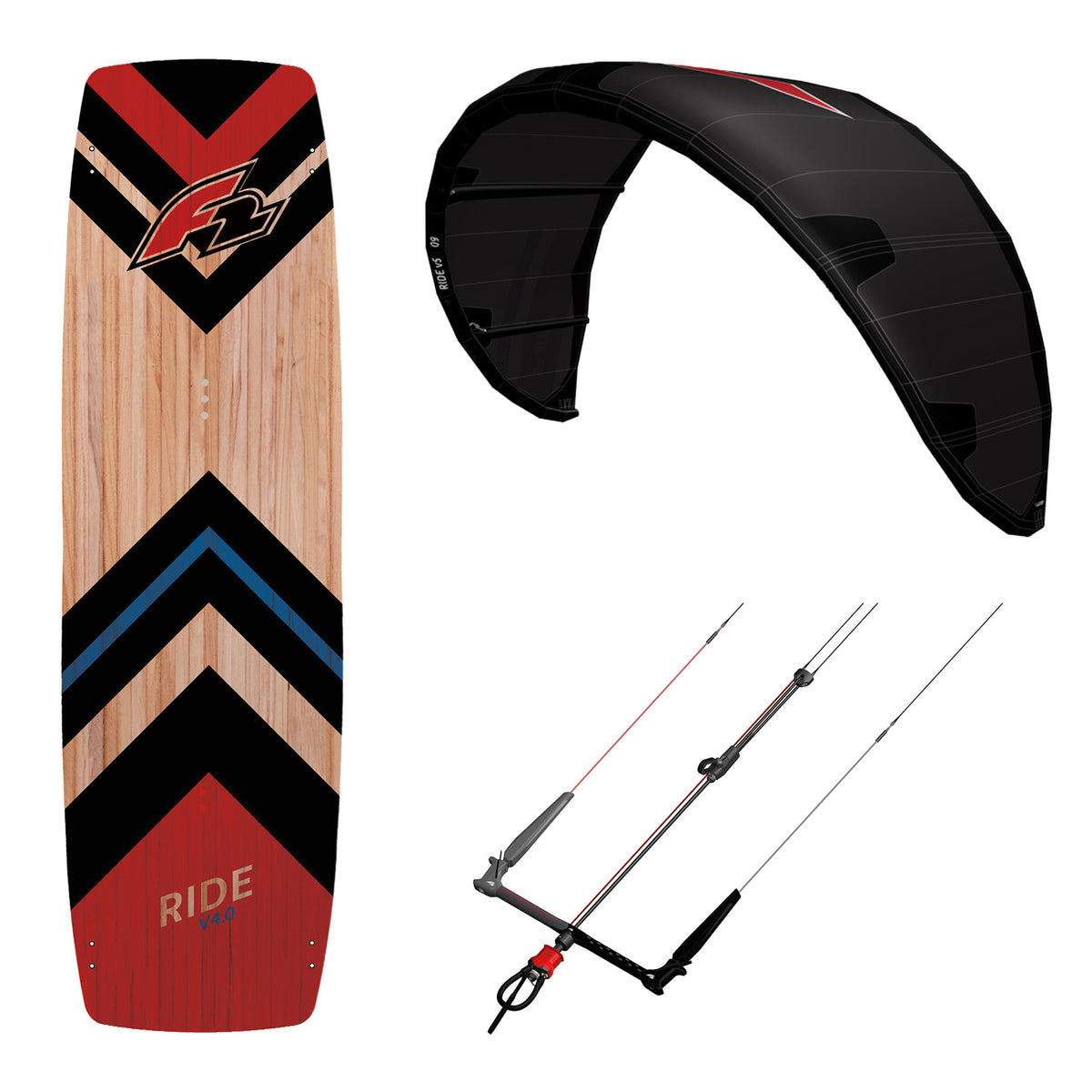 F2 Set Kite Ride V5 | Kiteboard Ride Lightwind Wood | Control Bar Größen wählbar