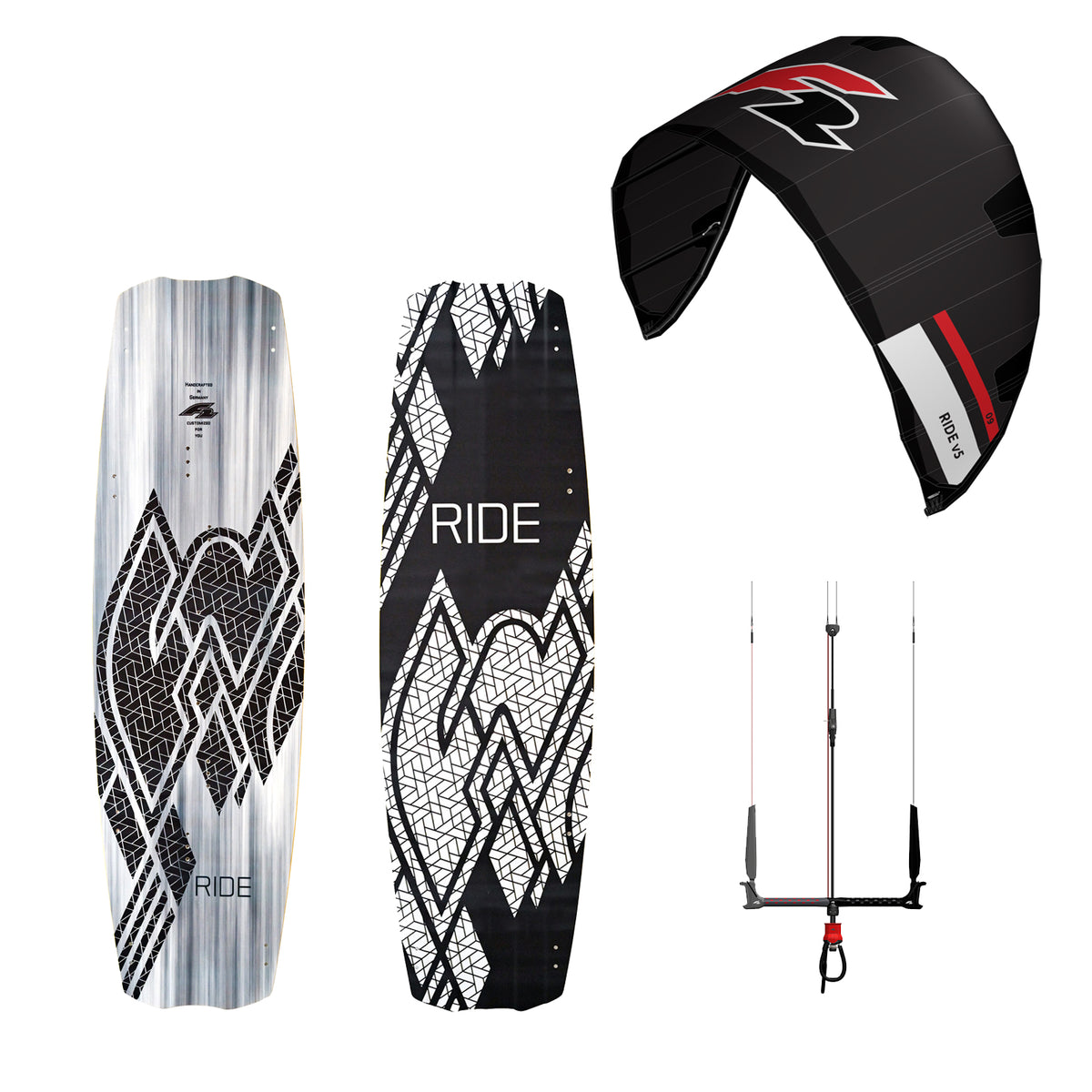 F2 Set Kite Ride V5 with Kiteboard Ride White Icon and Control Bar Complete Set, Sizes Selectable