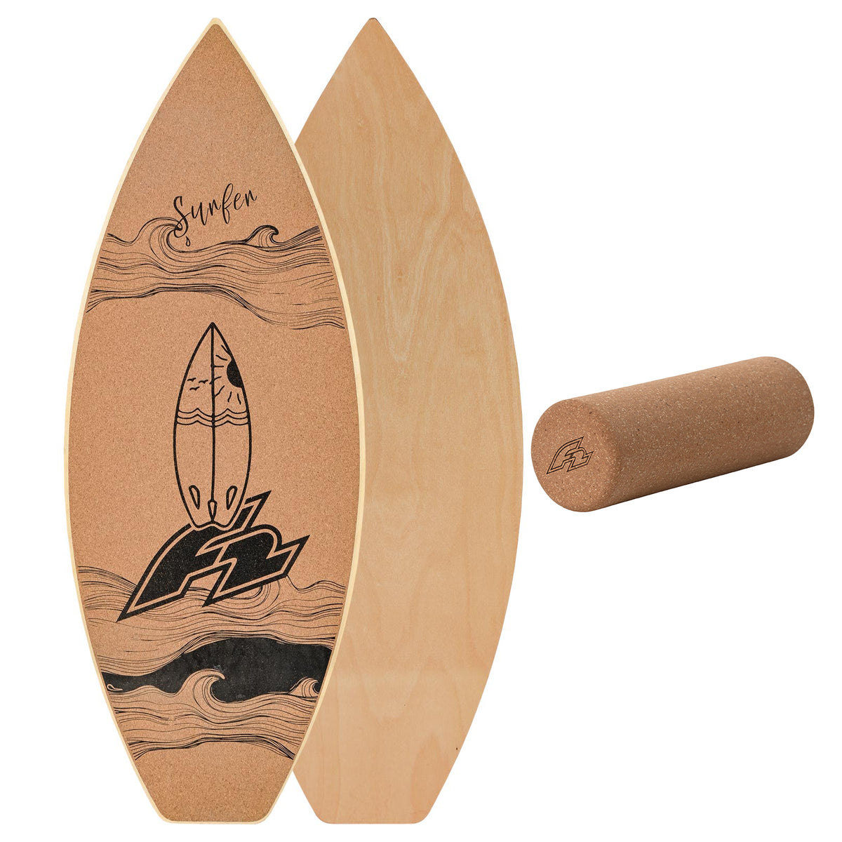F2 Set Kork Balance Board Surf Flat Shape 74x30cm + Korkrolle