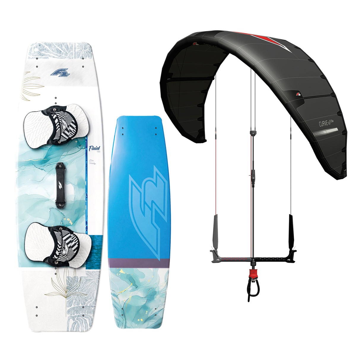 F2 Damen Set Kite Curve 12qm + Kiteboard Fluid 137cm + Control Bar 52cm