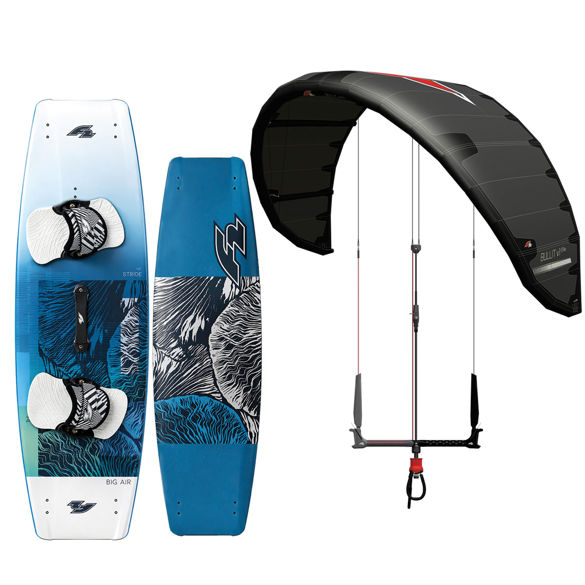 F2 Kite Bullit + Stride Kiteboard + Control Bar Set - Complete set, sizes selectable