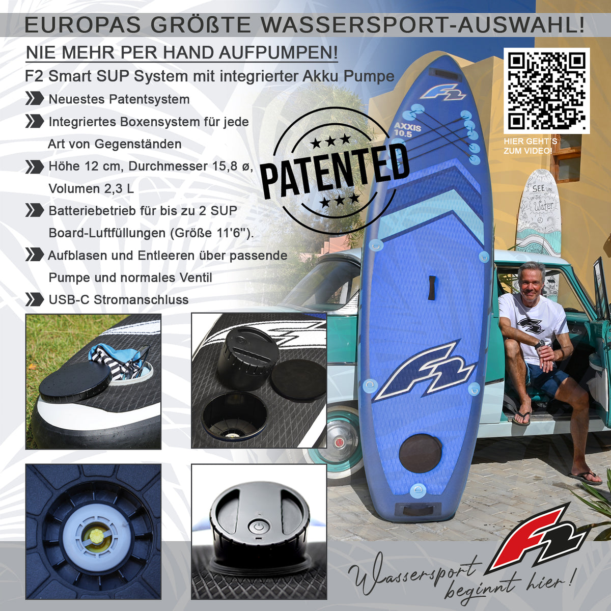 F2 Stand Up Paddle Board SECTOR SMART SUP mit E-Pumpe Größe wählbar Blau
